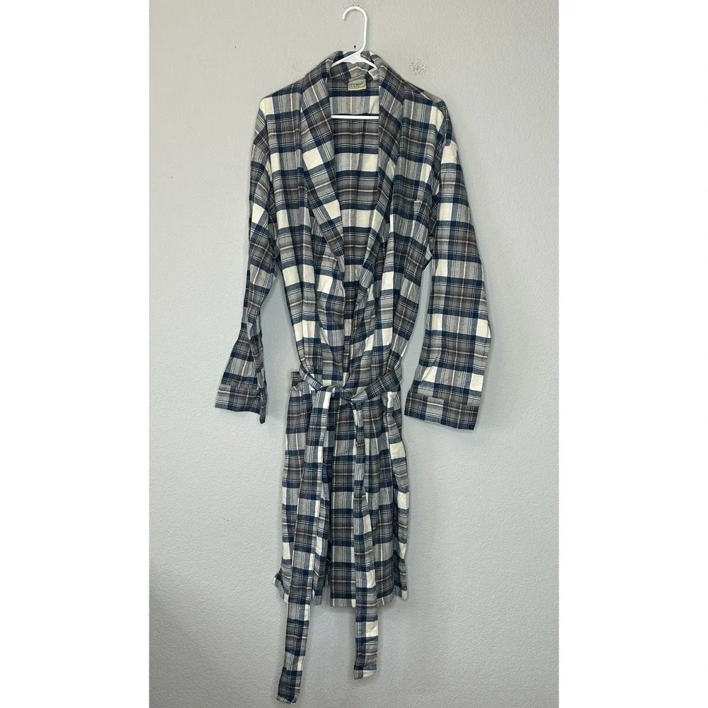 L.L.Bean Scotch Plaid Flannel Robe Men's Size XL 100% Cotton Multicolor Blue